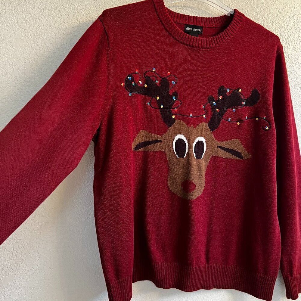 Alex Stevens Christmas Sweater Men's Unisex XL Reindeer w Holiday lights‎